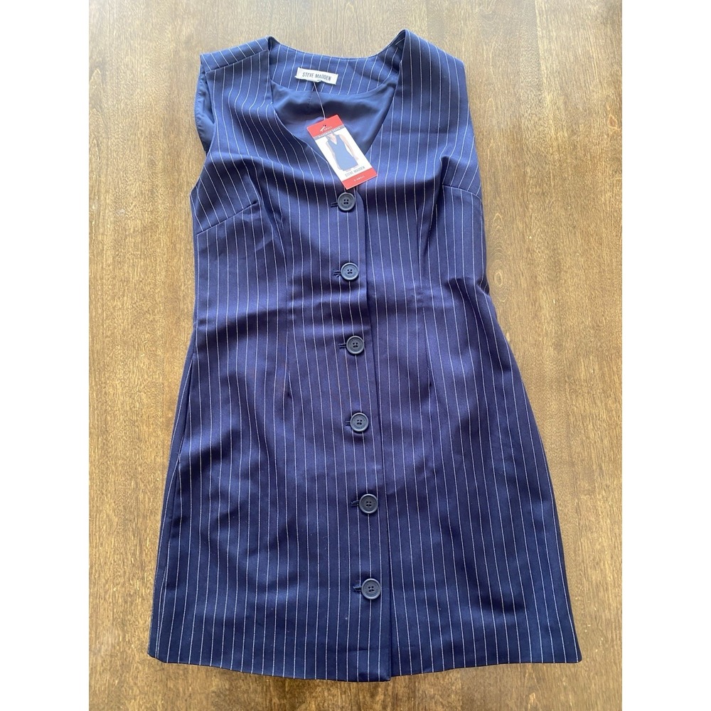 Steve Madden Women Pinstripe Dress Navy Blue XS Sleeveless V-Neck DO38082W